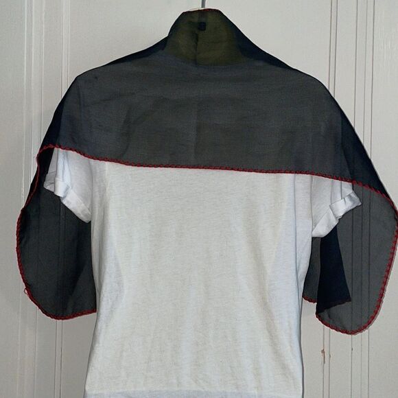 Vintage black chiffon polyester scarf with red crochet border - Picture 4 of 6